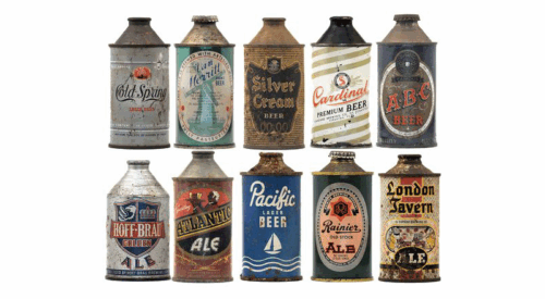 A selection of vintage cone top beer cans